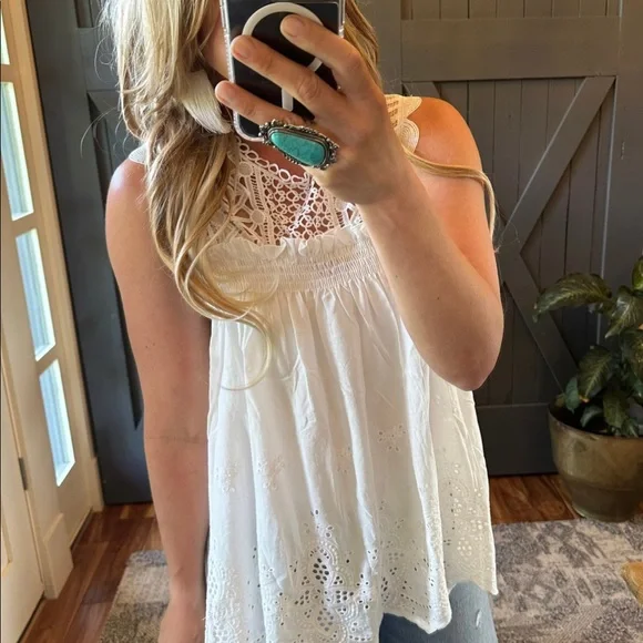 New Womens White Eyelet Layering Lace Sleeveless Tank Top Baby Doll Blouse Shirt - Picture 5 of 10